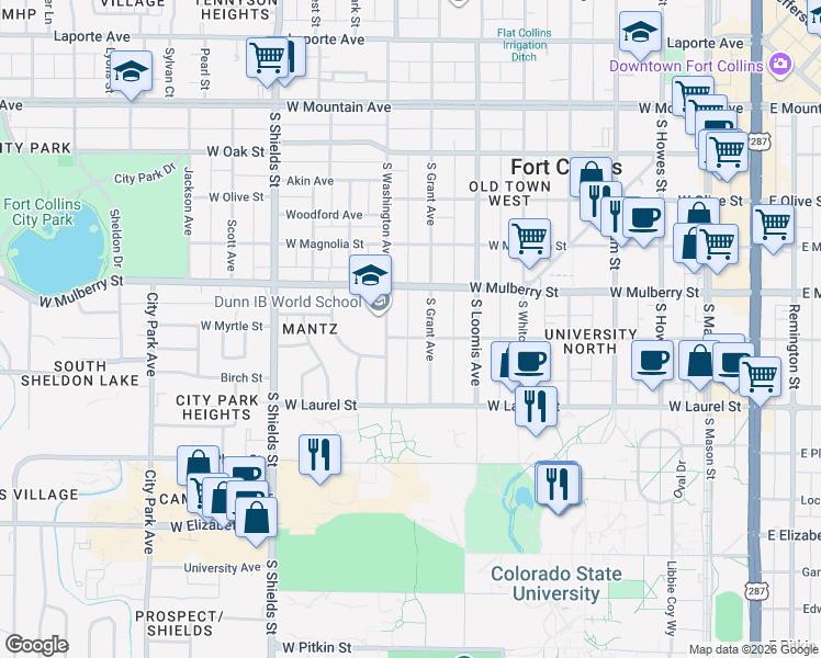 map of restaurants, bars, coffee shops, grocery stores, and more near 511 South Grant Avenue in Fort Collins