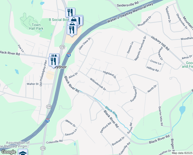 map of restaurants, bars, coffee shops, grocery stores, and more near 2002 Oakwood Court in Bethlehem