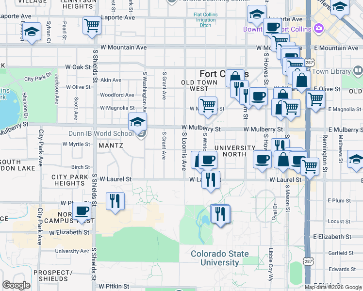 map of restaurants, bars, coffee shops, grocery stores, and more near 515 South Loomis Avenue in Fort Collins