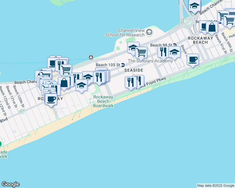 map of restaurants, bars, coffee shops, grocery stores, and more near 10765 Shore Front Parkway in Queens