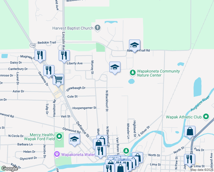 map of restaurants, bars, coffee shops, grocery stores, and more near 900 North Blackhoof Street in Wapakoneta