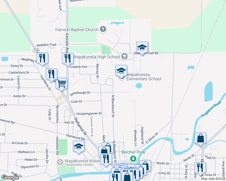map of restaurants, bars, coffee shops, grocery stores, and more near 900 North Blackhoof Street in Wapakoneta