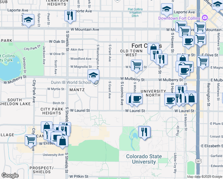 map of restaurants, bars, coffee shops, grocery stores, and more near 528 South Grant Avenue in Fort Collins