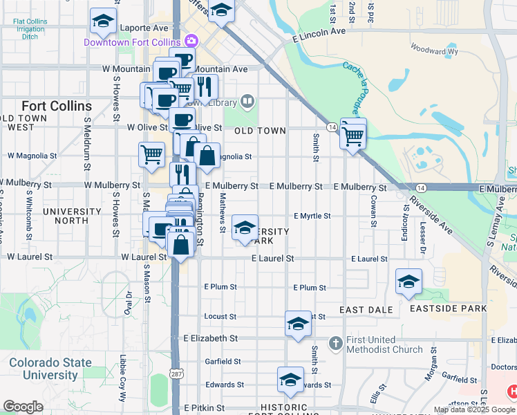 map of restaurants, bars, coffee shops, grocery stores, and more near 505 Peterson Street in Fort Collins