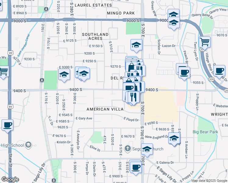 map of restaurants, bars, coffee shops, grocery stores, and more near 9413 Purple Lilac Lane in Sandy