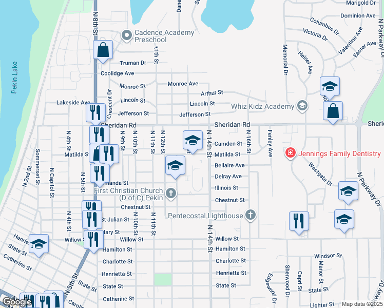 map of restaurants, bars, coffee shops, grocery stores, and more near 1314 Matilda Street in Pekin