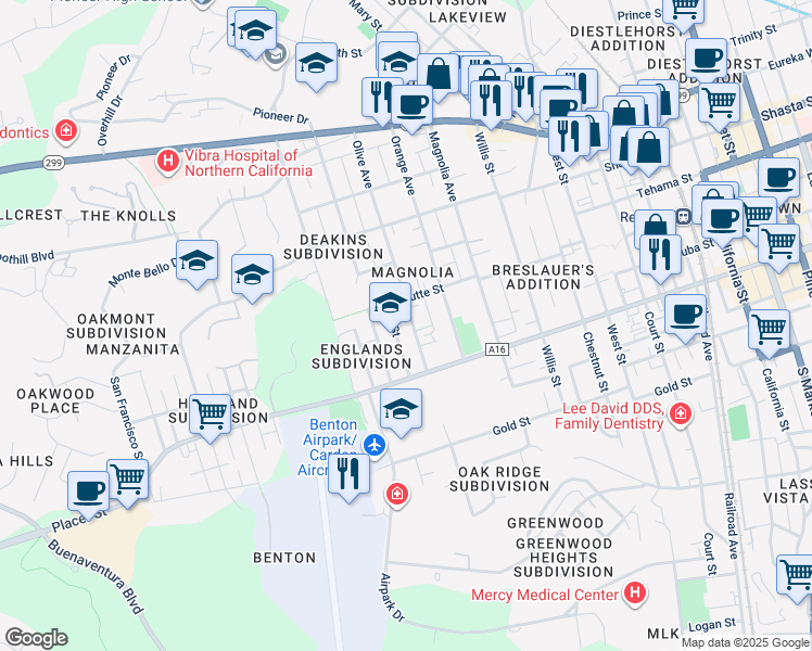 map of restaurants, bars, coffee shops, grocery stores, and more near 1548 Olive Avenue in Redding