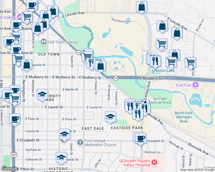 map of restaurants, bars, coffee shops, grocery stores, and more near 803 Riverside Avenue in Fort Collins
