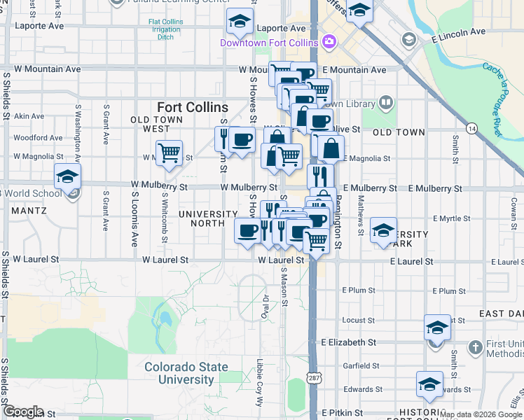map of restaurants, bars, coffee shops, grocery stores, and more near 209 West Mulberry Street in Fort Collins