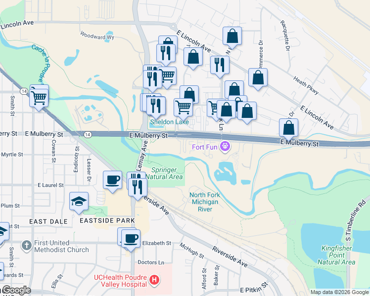 map of restaurants, bars, coffee shops, grocery stores, and more near 1317 East Mulberry Street in Fort Collins