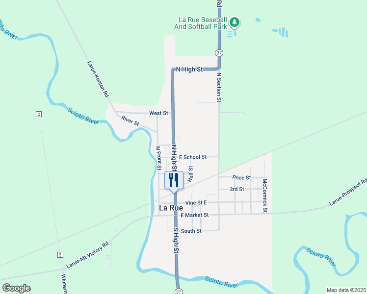 map of restaurants, bars, coffee shops, grocery stores, and more near 350 North High Street in La Rue
