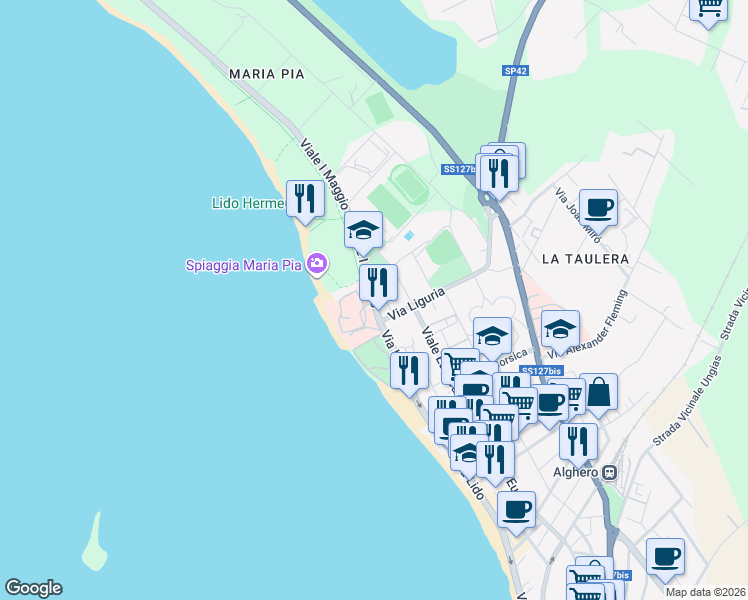 map of restaurants, bars, coffee shops, grocery stores, and more near 2 Viale I Maggio in Alghero