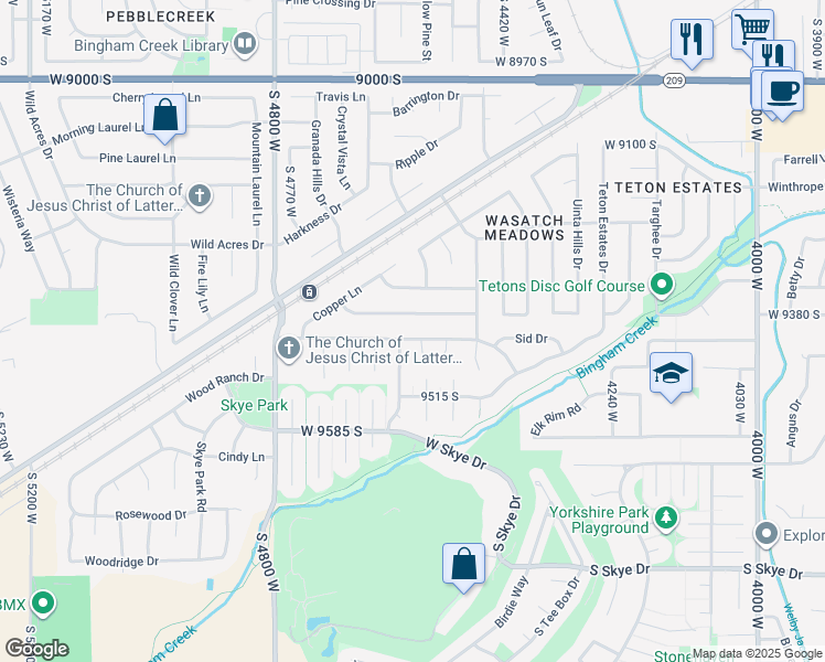 map of restaurants, bars, coffee shops, grocery stores, and more near 4574 Sunny Meadow Drive in South Jordan