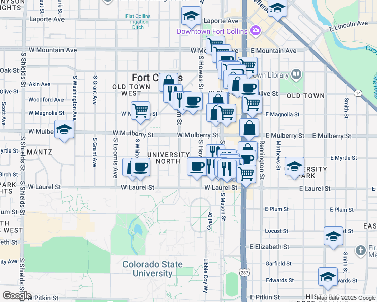 map of restaurants, bars, coffee shops, grocery stores, and more near 511 South Meldrum Street in Fort Collins