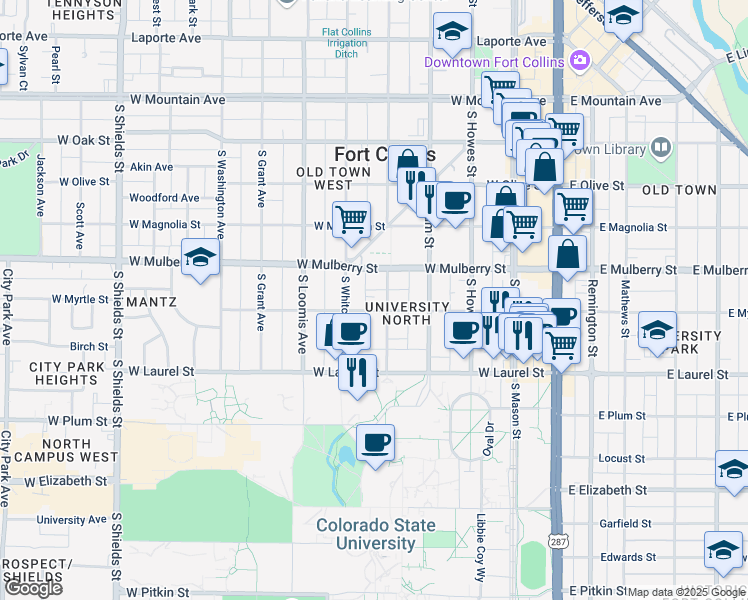 map of restaurants, bars, coffee shops, grocery stores, and more near 506 South Whitcomb Street in Fort Collins