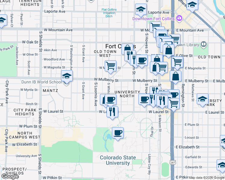 map of restaurants, bars, coffee shops, grocery stores, and more near 506 South Whitcomb Street in Fort Collins