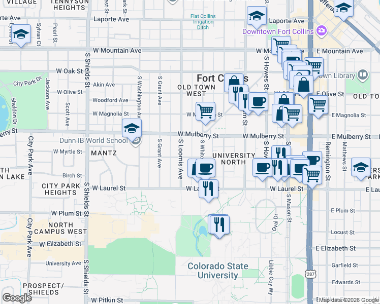 map of restaurants, bars, coffee shops, grocery stores, and more near 512 South Loomis Avenue in Fort Collins