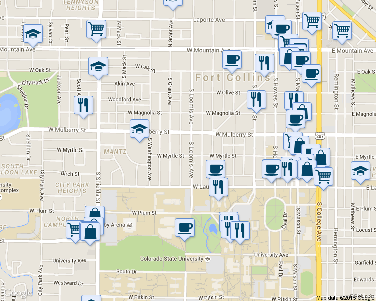 map of restaurants, bars, coffee shops, grocery stores, and more near 515 South Loomis Avenue in Fort Collins