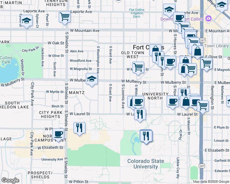 map of restaurants, bars, coffee shops, grocery stores, and more near 515 South Loomis Avenue in Fort Collins