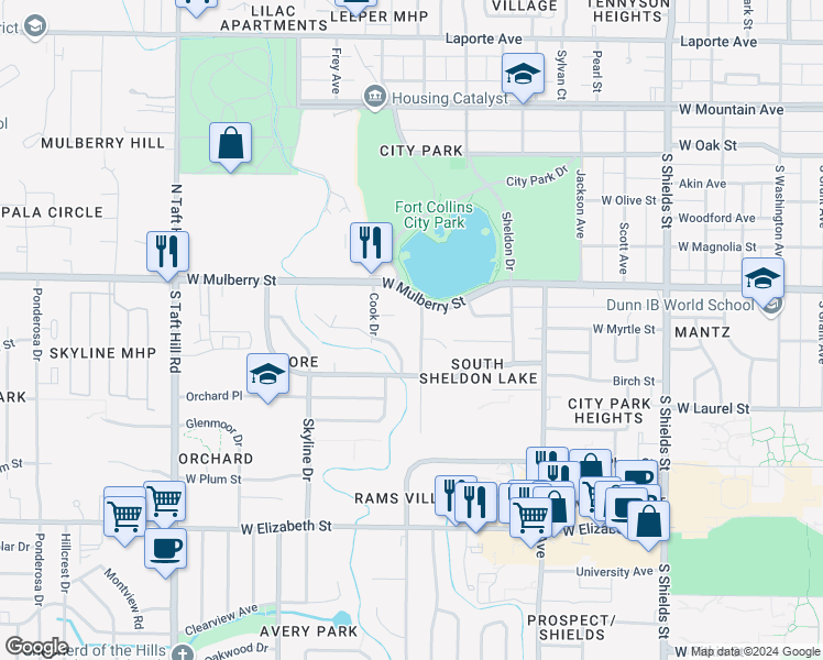 map of restaurants, bars, coffee shops, grocery stores, and more near 1708 Dale Court in Fort Collins