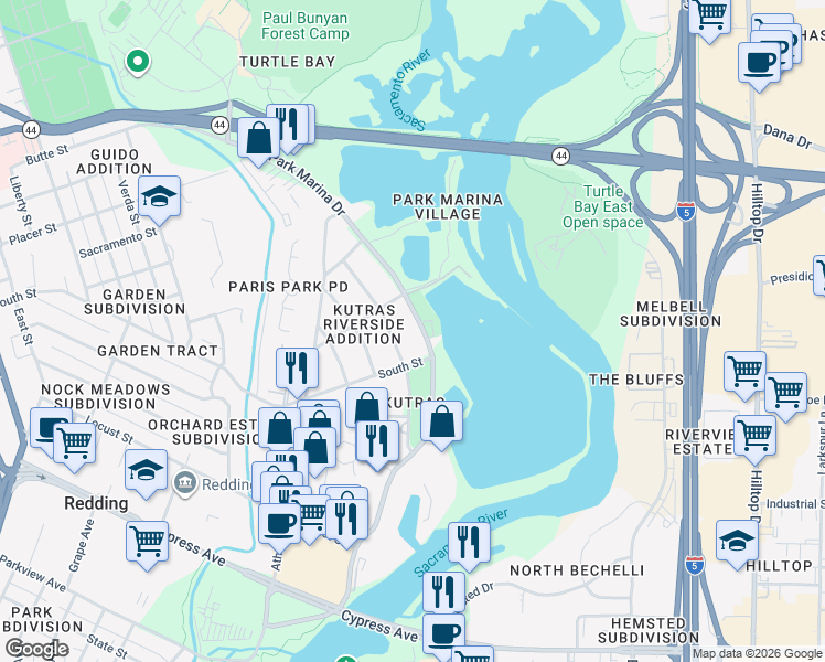map of restaurants, bars, coffee shops, grocery stores, and more near 2228 Park Marina Drive in Redding