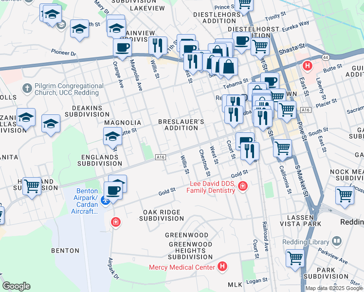 map of restaurants, bars, coffee shops, grocery stores, and more near 1621 Willis Street in Redding