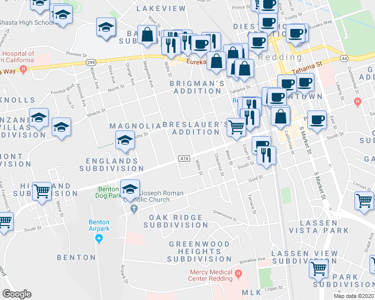 map of restaurants, bars, coffee shops, grocery stores, and more near 1604 Willis Street in Redding
