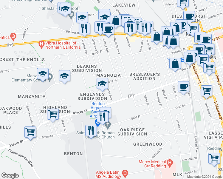 map of restaurants, bars, coffee shops, grocery stores, and more near 1534 Orange Avenue in Redding