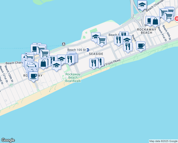map of restaurants, bars, coffee shops, grocery stores, and more near 106-20 Shore Front Parkway in Queens