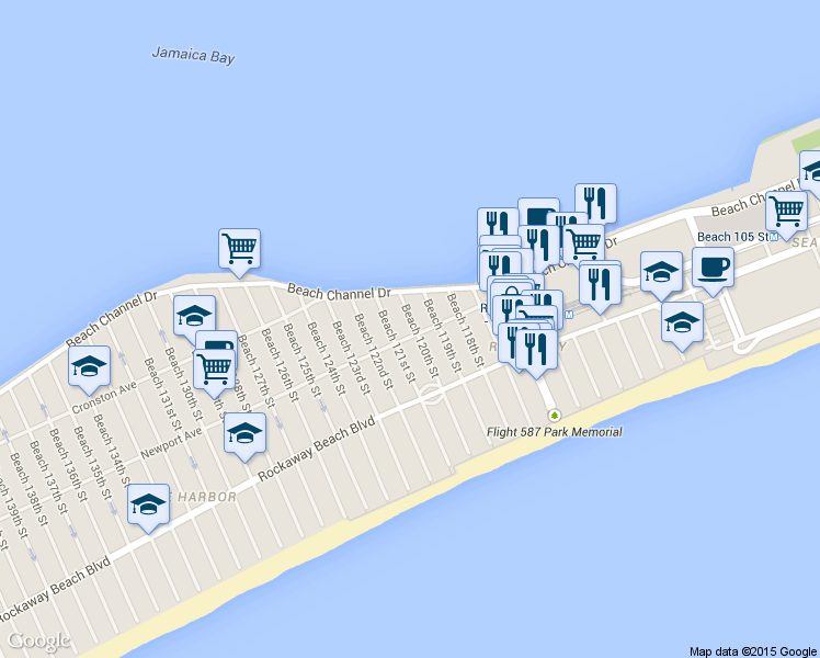 map of restaurants, bars, coffee shops, grocery stores, and more near 425 Beach 120th Street in Queens
