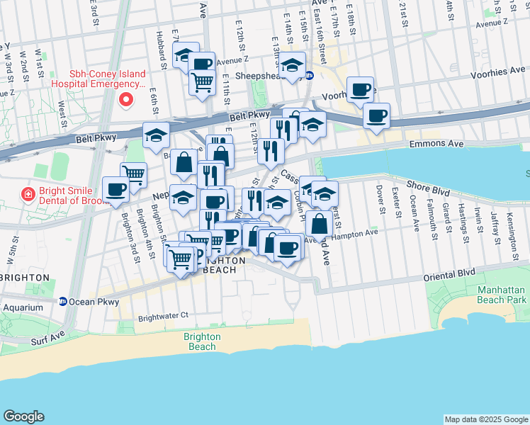 map of restaurants, bars, coffee shops, grocery stores, and more near 76 Brighton 11th Street in Brooklyn