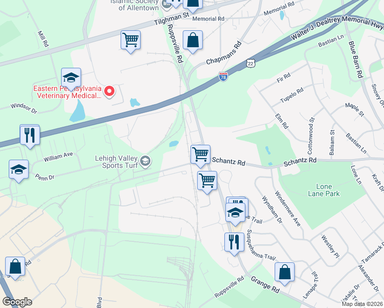 map of restaurants, bars, coffee shops, grocery stores, and more near 6749 Ruppsville Road in Allentown