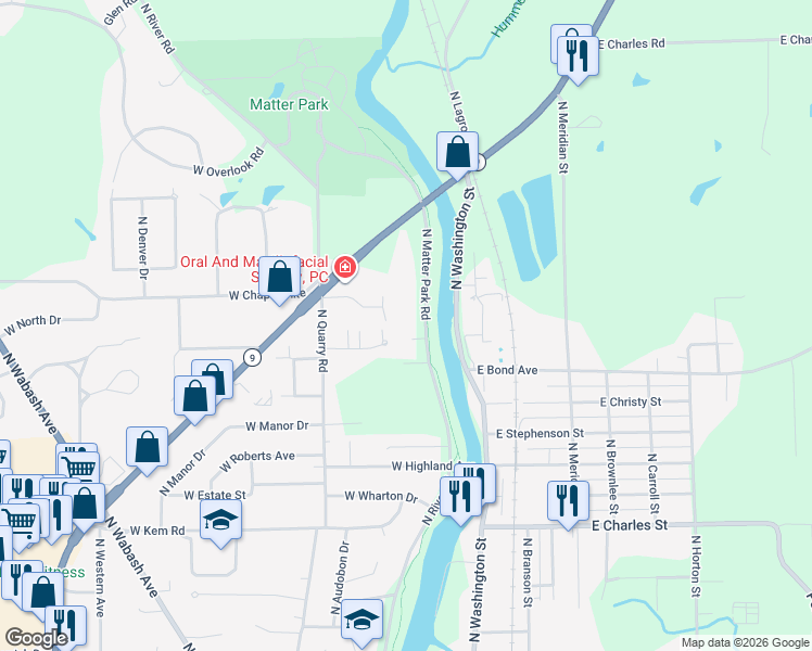 map of restaurants, bars, coffee shops, grocery stores, and more near 1513 North Matter Park Road in Marion