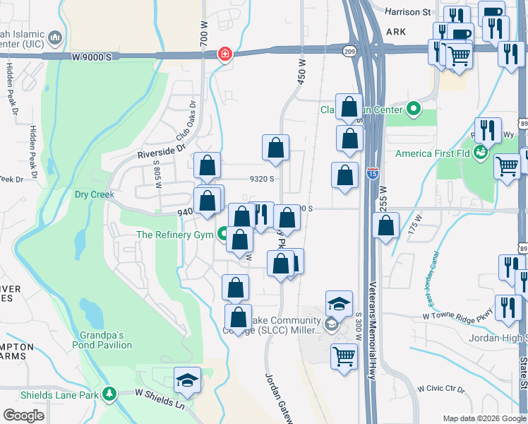 map of restaurants, bars, coffee shops, grocery stores, and more near 555 West 9400 South in Sandy