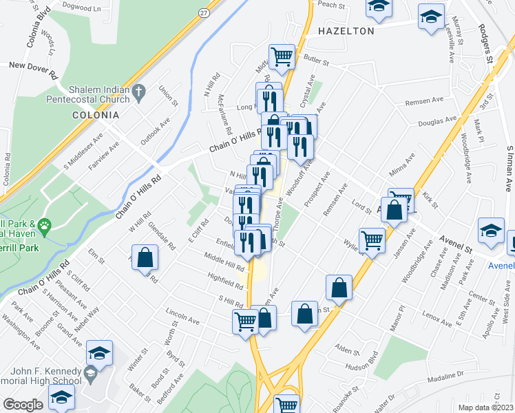 map of restaurants, bars, coffee shops, grocery stores, and more near 1224 St Georges Ave in Woodbridge Township