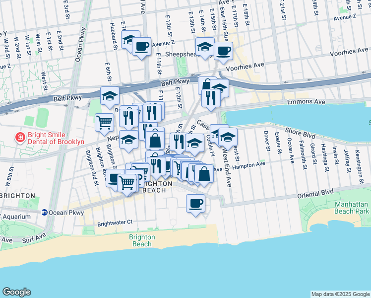map of restaurants, bars, coffee shops, grocery stores, and more near 81 Brighton 11th Street in Brooklyn