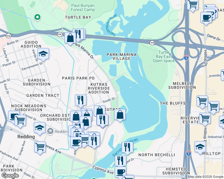 map of restaurants, bars, coffee shops, grocery stores, and more near 2228 Park Marina Drive in Redding