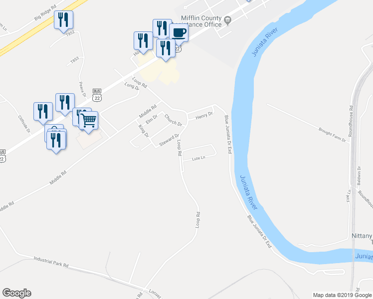 map of restaurants, bars, coffee shops, grocery stores, and more near 141 Fort Granville Lane in Lewistown
