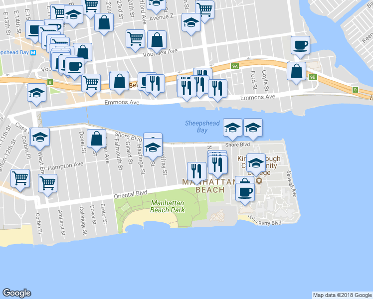 map of restaurants, bars, coffee shops, grocery stores, and more near 1406 Shore Boulevard in Brooklyn