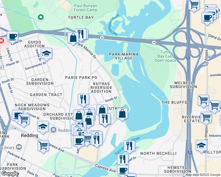 map of restaurants, bars, coffee shops, grocery stores, and more near 2228 Park Marina Drive in Redding