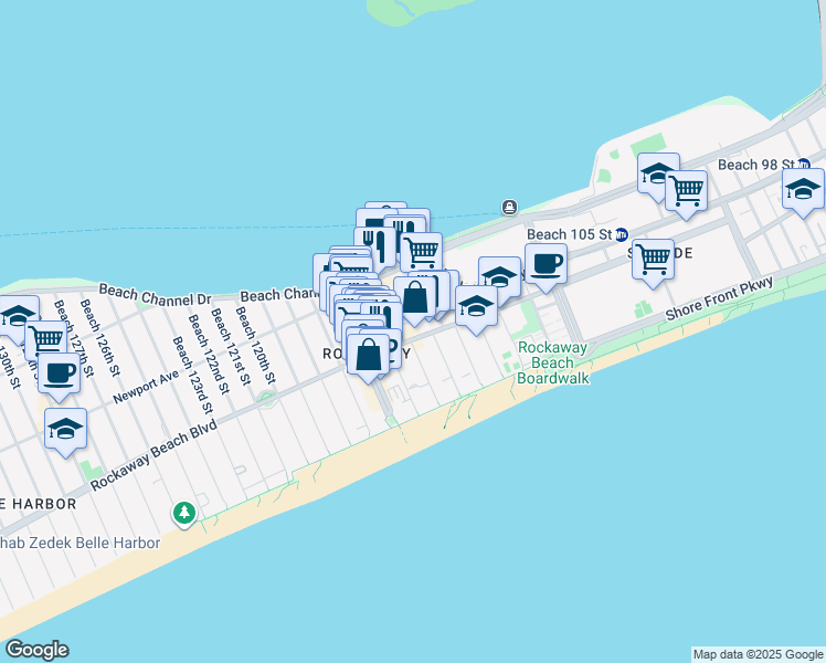 map of restaurants, bars, coffee shops, grocery stores, and more near 113-24 Rockaway Beach Blvd in Queens