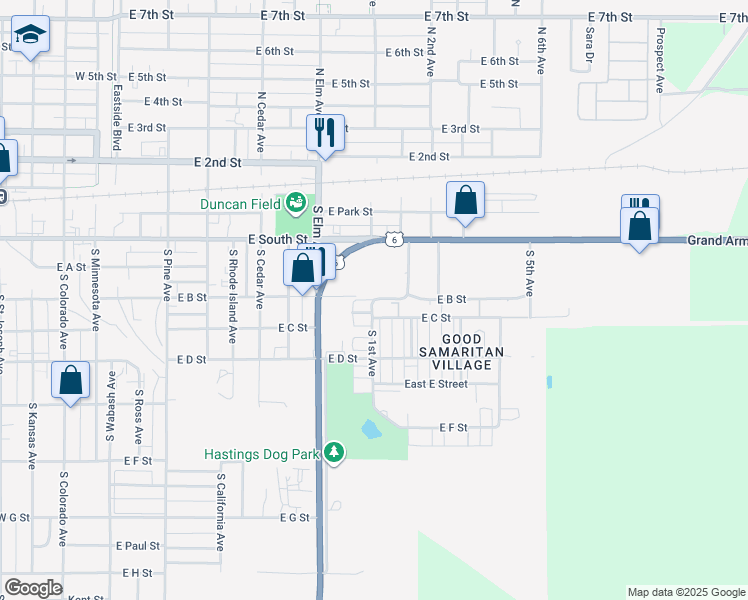 map of restaurants, bars, coffee shops, grocery stores, and more near 701 Circle C in Hastings