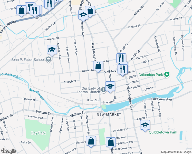 map of restaurants, bars, coffee shops, grocery stores, and more near 424 New Market Road in Piscataway