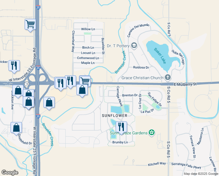 map of restaurants, bars, coffee shops, grocery stores, and more near 422 Loma Linda Drive in Fort Collins