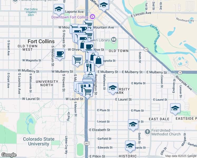 map of restaurants, bars, coffee shops, grocery stores, and more near 508 Remington Street in Fort Collins