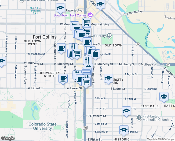 map of restaurants, bars, coffee shops, grocery stores, and more near 514 South College Avenue in Fort Collins