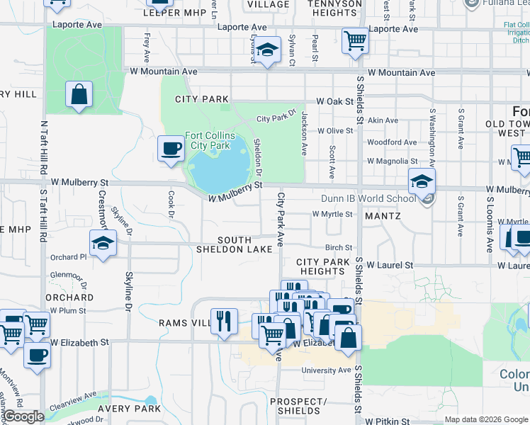 map of restaurants, bars, coffee shops, grocery stores, and more near 1500 Lakeside Avenue in Fort Collins