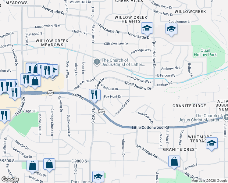 map of restaurants, bars, coffee shops, grocery stores, and more near 2477 Quail Run Drive in Sandy