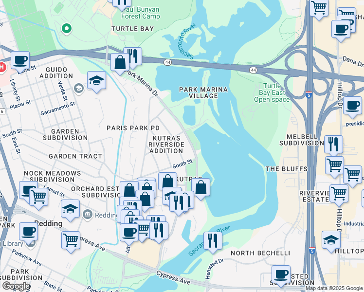 map of restaurants, bars, coffee shops, grocery stores, and more near 2228 Park Marina Drive in Redding