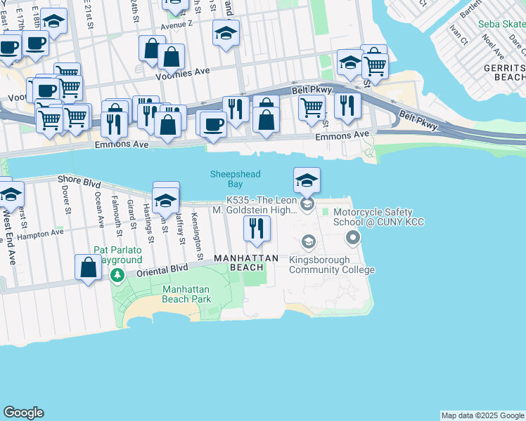 map of restaurants, bars, coffee shops, grocery stores, and more near 1624 Shore Boulevard in Brooklyn